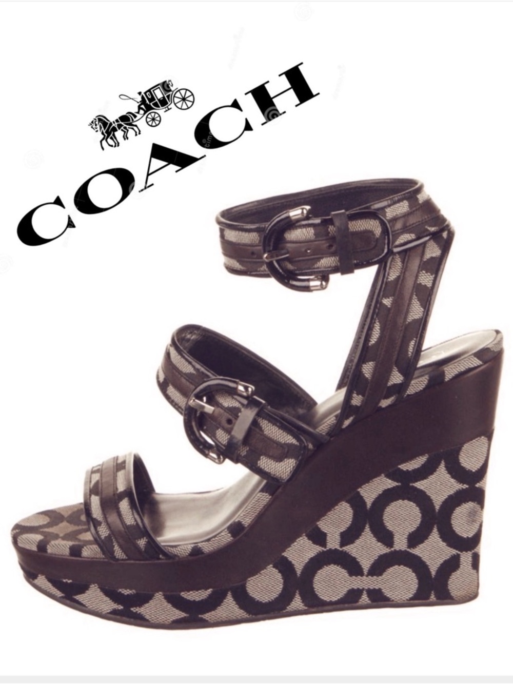Coach Marlee Wedge Sandals Signature Canvas Pattern Khaki Brown Size 8